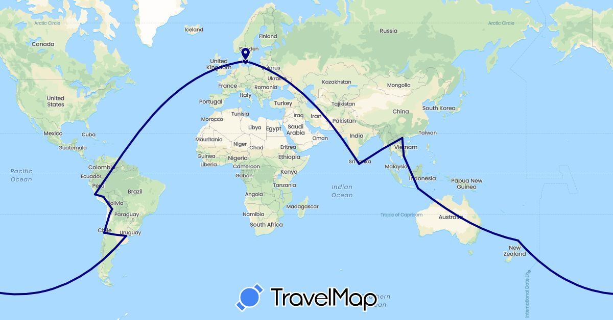 TravelMap itinerary: driving in Argentina, Bolivia, Chile, Denmark, Indonesia, Sri Lanka, New Zealand, Peru, Vietnam (Asia, Europe, Oceania, South America)